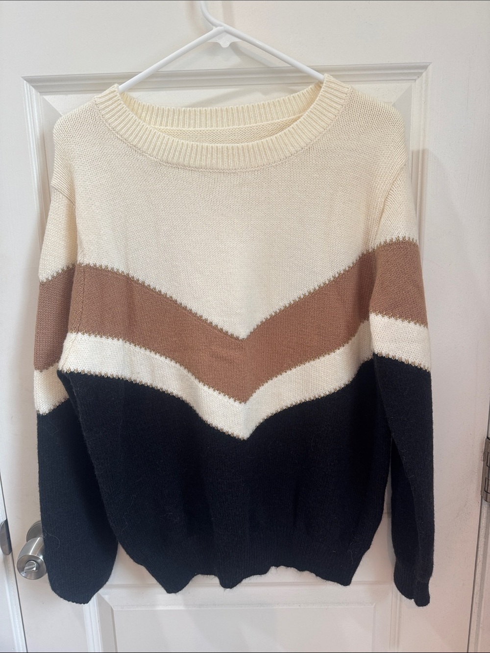 Amazon Chevron Colorblock Crewneck Sweater in Cream, Brown & Black